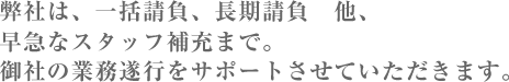 弊社は、一括請負、長期請負　他、早急なスタッフ補充まで。御社の業務遂行をサポートさせていただきます。